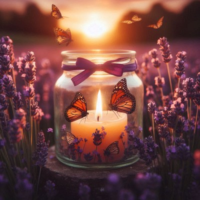 Candle in jar with butterflies and lavender at sunset