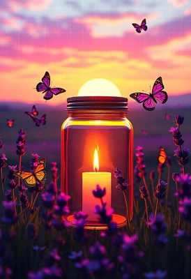 A lit candle in a jar sits among lavender flowers at sunset