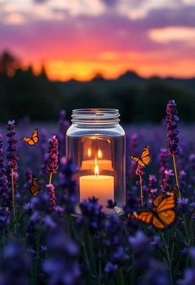 Candle in a jar among lavender at sunset