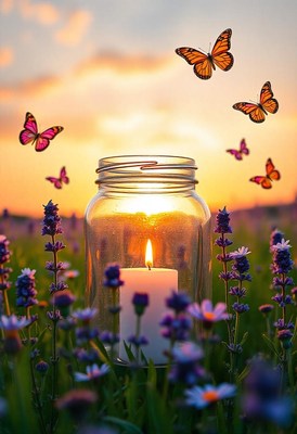 Candle in jar among purple flowers at sunset