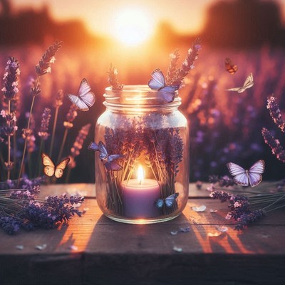 Candle in a lavender jar with butterflies at sunset