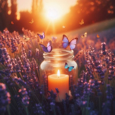 Candle glows in jar with lavender and butterflies