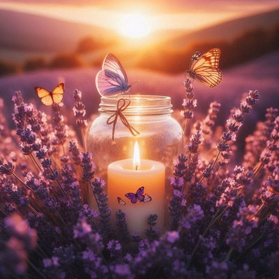 Candle in a jar with lavender and butterflies at sunset