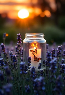 Candle in jar among lavender at sunset, butterflies nearby