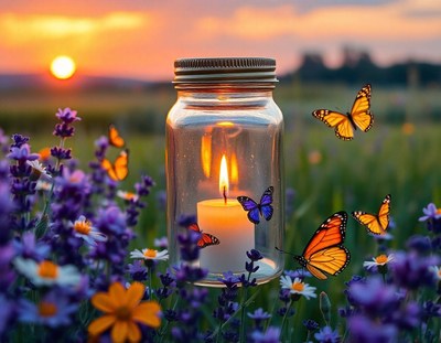 Candle in a jar with butterflies at sunset