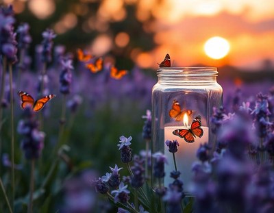 A butterfly sits on a lit candle in a jar at sunset
