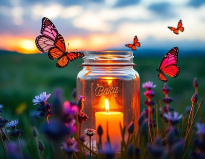 Candle in jar, butterflies at sunset