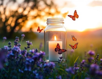 Candle shines in jar with butterflies and flowers