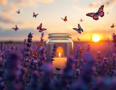 Butterflies soar over a candle in lavender at dusk