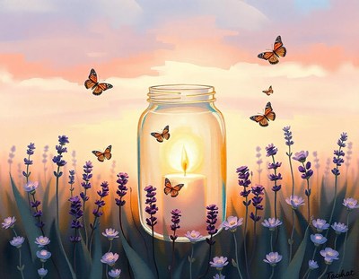 Candle in a jar with lavender and butterflies