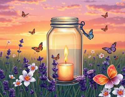 A lit candle in a jar surrounded by butterflies and flowers