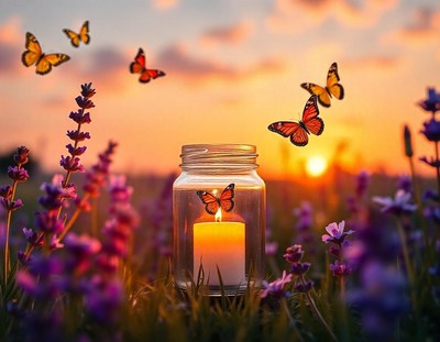 Butterflies fly near a candle in a jar at sunset