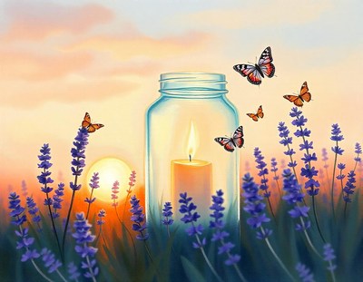 Candle in jar with lavender and butterflies at sunset