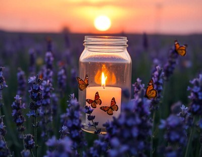 Candle flickers in lavender as butterflies dance