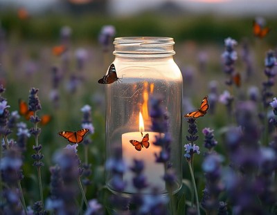 Butterflies dance around a candle in lavender
