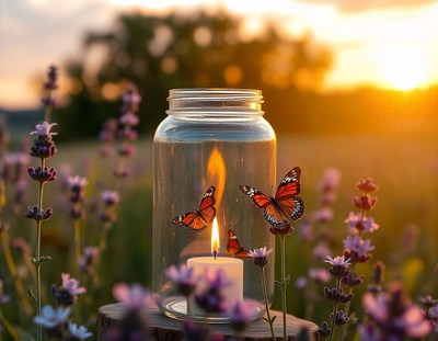 Candle in jar with butterflies and purple flowers