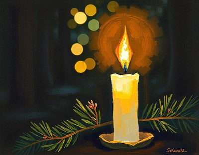 A single candle burns brightly against a dark background