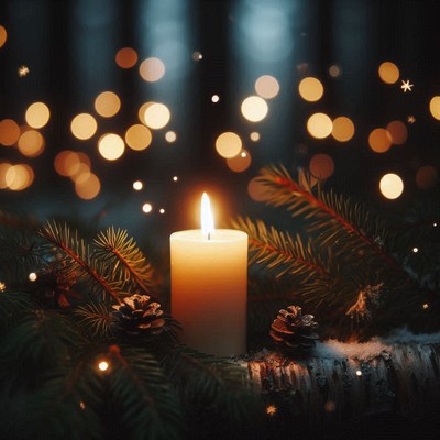 A single candle burns brightly in a dark forest