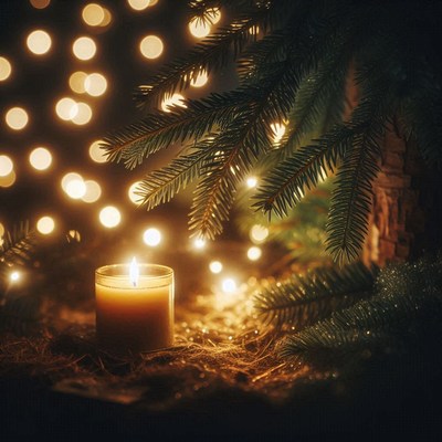 A single candle glows under a pine branch at night