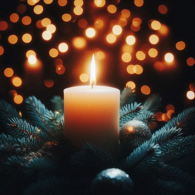 A candle shines among pine branches and ornaments