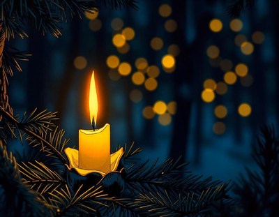 A candle glows in a pine forest at night