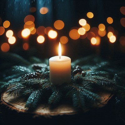 A white candle is lit and burning on a wooden slice