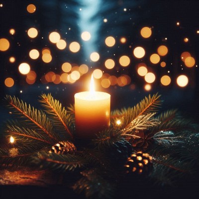 A candle glows in the dark, with pine branches nearby