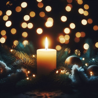 A lit candle sits among pine branches and ornaments