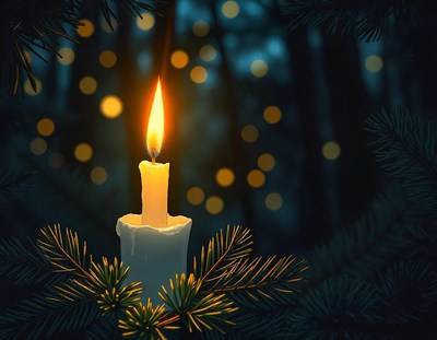 A candle burns brightly in the forest at night