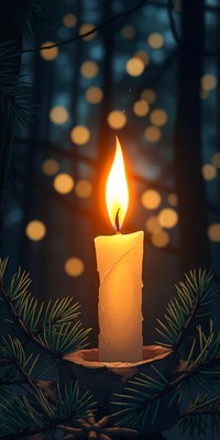 A single candle burns brightly in the forest