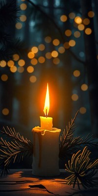 A candle burns brightly in the forest at night