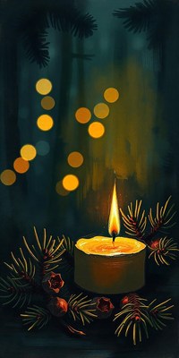 A lit candle sits in a wreath of pine branches