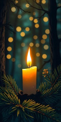 A candle burns brightly in a forest at night