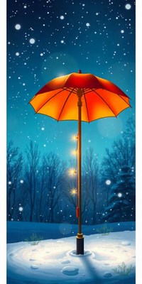 An orange umbrella stands in the snow with fairy lights