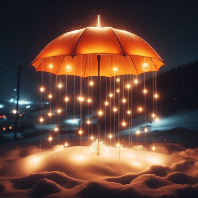 Orange umbrella lights up snowy night scene