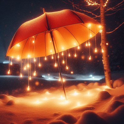 Orange umbrella with lights over snowy night