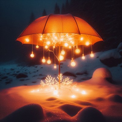 An umbrella with string lights hangs above snow at night