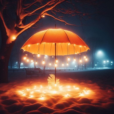 Orange umbrella with string lights in snowy park