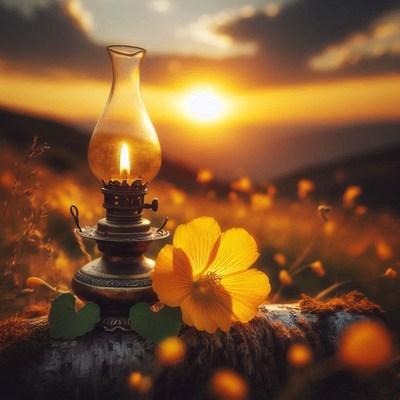 A lit oil lamp sits on a log at sunset