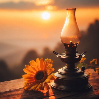 A kerosene lamp is positioned on a wooden surface