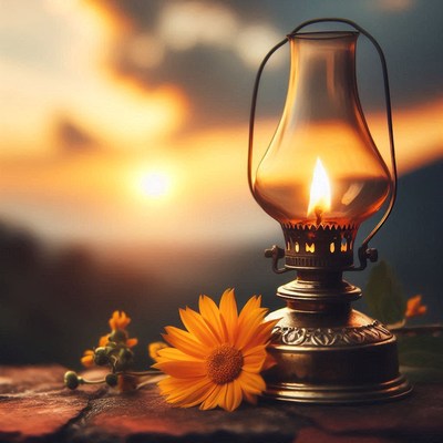 A kerosene lamp glows at sunset
