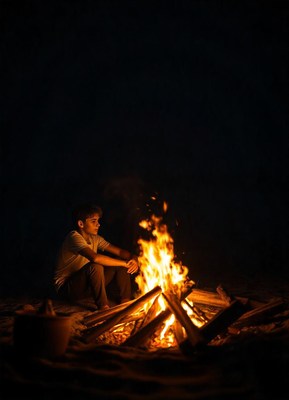 A man sits by a campfire at night