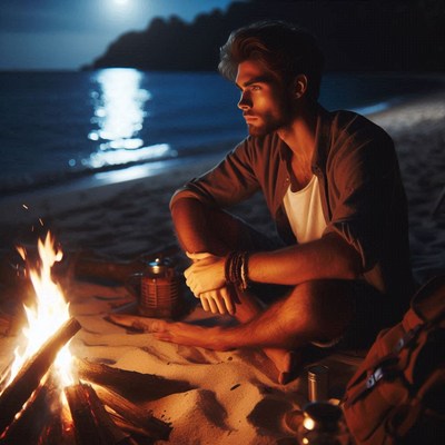 A man sits by a campfire on a beach at night