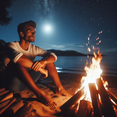 A man sits by a fire on the beach at night