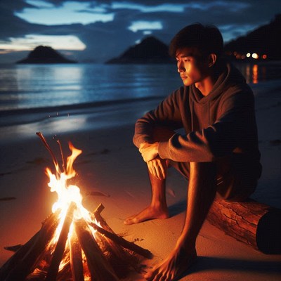 A man sits by a fire on a beach at night
