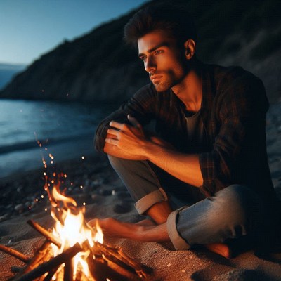 A man sits by a campfire on the beach at dusk