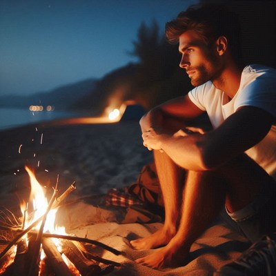 A man sits by a campfire on the beach at night