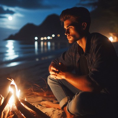 A man sits by a bonfire on the beach at night