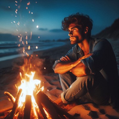 A man sits by a campfire on the beach at night