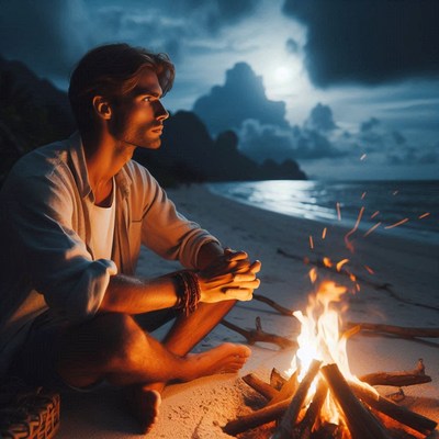 A man sits by a bonfire on a beach at night